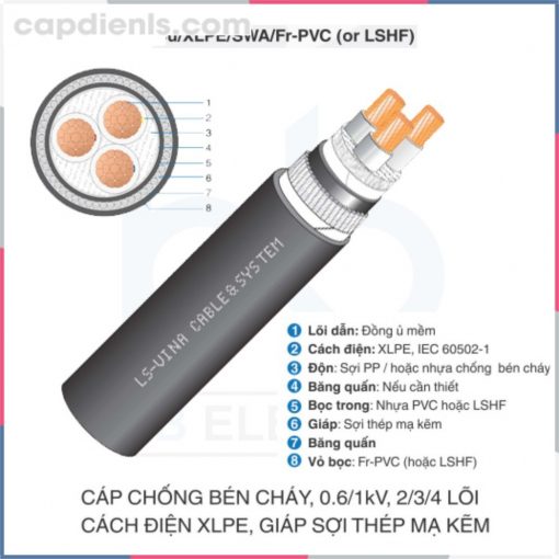 Cáp chống bén cháy 0.6/1kV 2/3/4c Cu/XLPE/SWA/Fr-PVC (LSHF) LS VINA capdienls.com