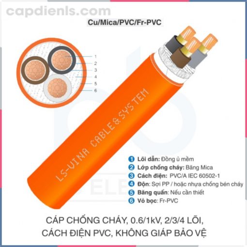 Cáp chống cháy 0.6/1kV 2/3/4c Cu/Mica/PVC/Fr-PVC LS VINA