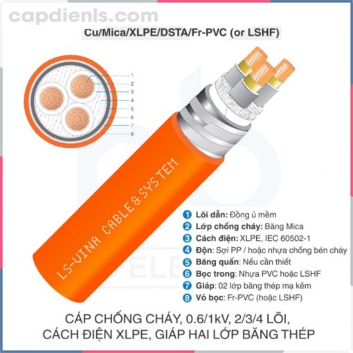 Cáp chống cháy 0.6/1kV 2/3/4c Cu/Mica/XLPE/DSTA/Fr-PVC (LSHF) LS VINA