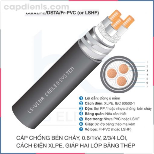 Cáp chống bén cháy 0.6/1kV 2/3/4c Cu/XLPE/DSTA/Fr-PVC (LSHF) LS VINA capdienls.com